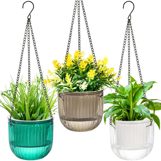 Pumtus 3 Pack Self Watering Hanging Planters, 6.5 Inch Hanging Flower Pot with Drainage Hole, Plastic Hanging Basket with 3 Hooks Chains, Plant Hanger for Indoor Outdoor Plants, Herbs (3 Colors)
