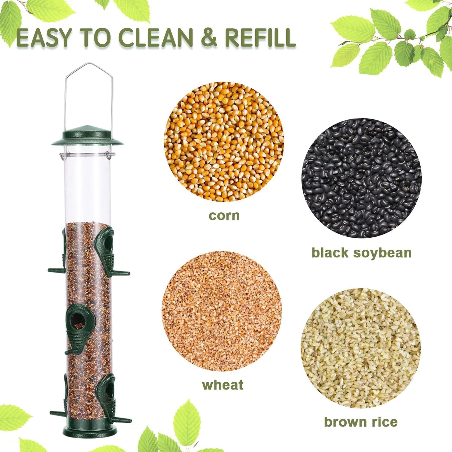MIXXIDEA Metal Wild Bird Feeder Squirrel Proof Bird Feeders for Outside Hanging 6 Port Tube Bird Feeder Transparent Finch Feeder with Steel Hanger (2 PK, Green)
