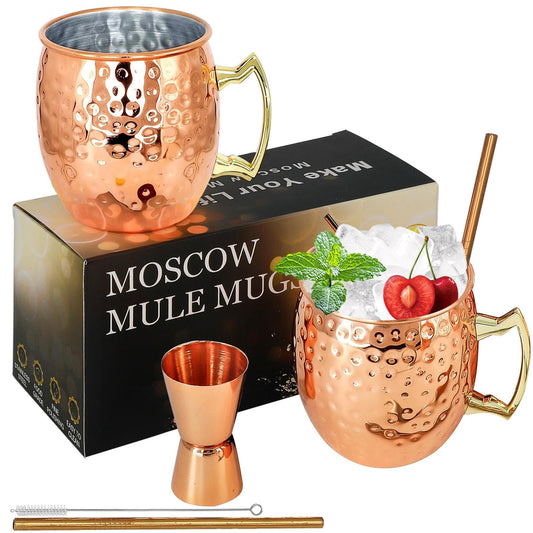 Moscow Mule Copper Mugs Set of 2 Moscow Mule Cups Stainless Steel 18 Oz Food Safe Hammered Mugs Great for Cocktails Water Cold Drinks