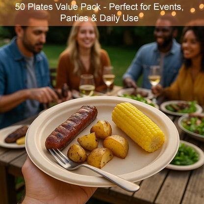 ECOMBRELLA Paper Plates, 9 Inch Round Compostable Disposable Plates, Heavy-Duty Leak-Resistant, Eco-Friendly Sugarcane Bagasse Dinner Plates, Microwave Safe, 50 Count