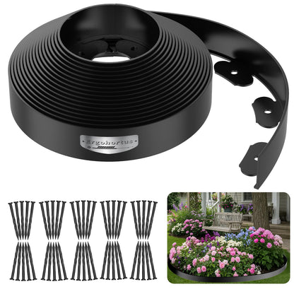 ‎Ergohortus Garden Edging, 32ft Landscape Edging with 50 Pegs, Plastic Garden Edging Border with 5cm High, Flexible for Lawn Edging, Flower Beds Edging, Paver Edging, Grass, Black