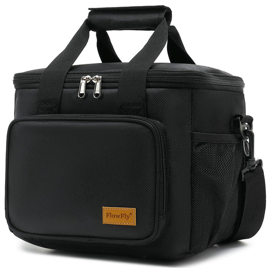 FlowFly Insulated Lunch Bag Adult Lunch Box Large Cooler Tote Bag with Top Handle for Men, Women, with Adjustable Strap,Front Pocket and Dual Large Mesh Side Pockets, Black