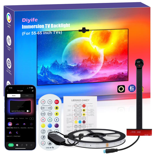 Diyife TV Backlight LED Sync, 13.12ft TV LED Backlight Strip with AR Sensor Sync to 55-60 inch TVs, RGB Multiple Colors Changing, LED Lights for TV with Remote, Bluetooth, Smart App Control
