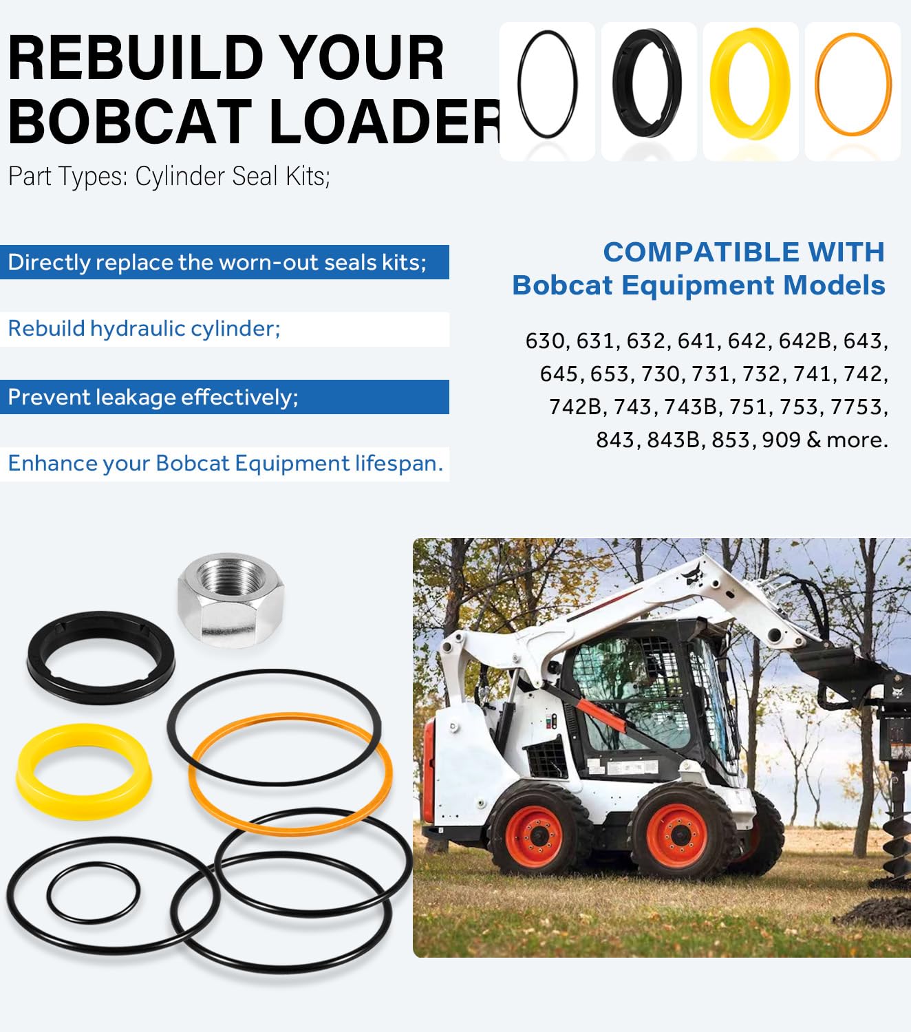 7135551 Tilt Hydraulic Cylinder Seal Kit for Bobcat Skid Steer Loader 630 631 632 641 642 643 645 653 730 731 732 741 742 743 751 753 7753 843 853 Replace for 6804605