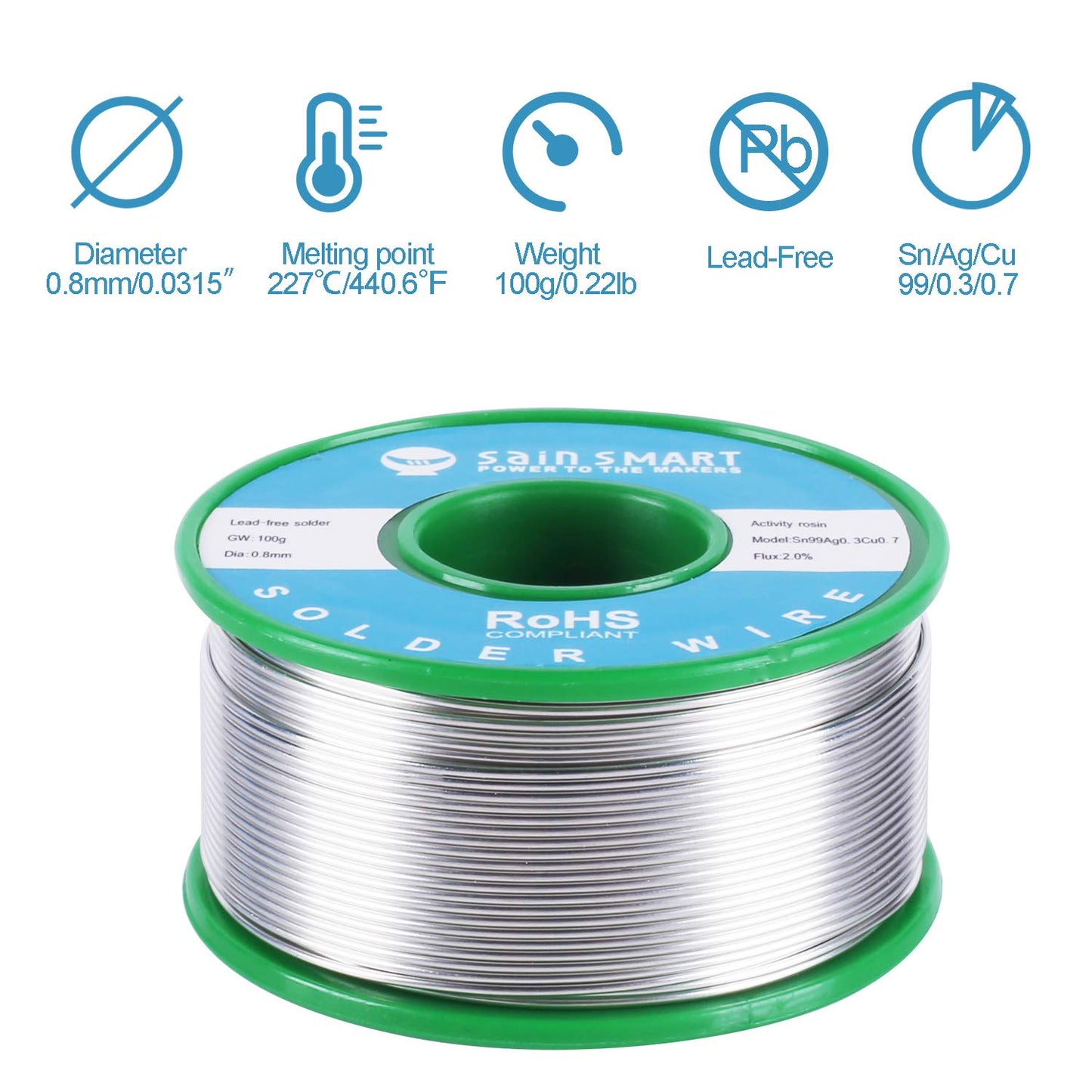 SainSmart 0.8mm Lead Free Solder Wire with Rosin2 Sn97 Cu0.7 Ag0.3, Tin Wire Solder for Electrical Soldering (100g /0.22lbs)