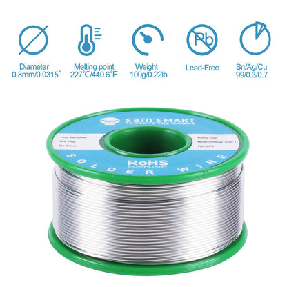 SainSmart 0.8mm Lead Free Solder Wire with Rosin2 Sn97 Cu0.7 Ag0.3, Tin Wire Solder for Electrical Soldering (100g /0.22lbs)