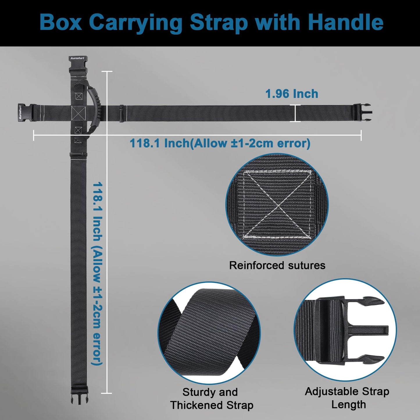 Aurosturt Box Carrying Strap with Handle Adjustable Straps for Battery Box Handheld Belt Carry Straps for Safely Moving and Lifting Heavy Boxes (Black, 118.1 Inch-Plastic Buckle)