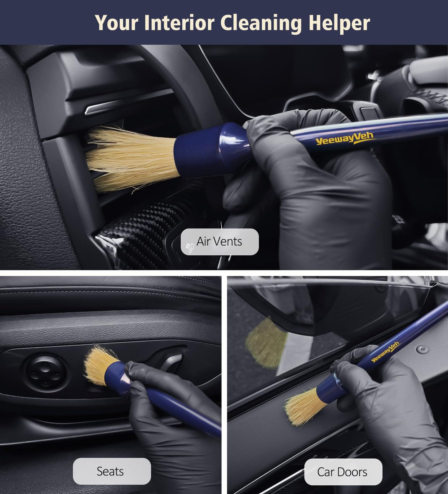 YeewayVeh 6PCS Car Detailing Brush Set, 3pcs Boars Hair Car Detailing Brushes, 3pcs Ultra Soft Detail Brush for Leather Seat Air Vents Engine Bay, Detail Brushes Car Detailing for Interior Exterior