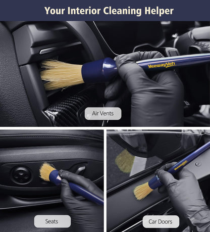 YeewayVeh 6PCS Car Detailing Brush Set, 3pcs Boars Hair Car Detailing Brushes, 3pcs Ultra Soft Detail Brush for Leather Seat Air Vents Engine Bay, Detail Brushes Car Detailing for Interior Exterior