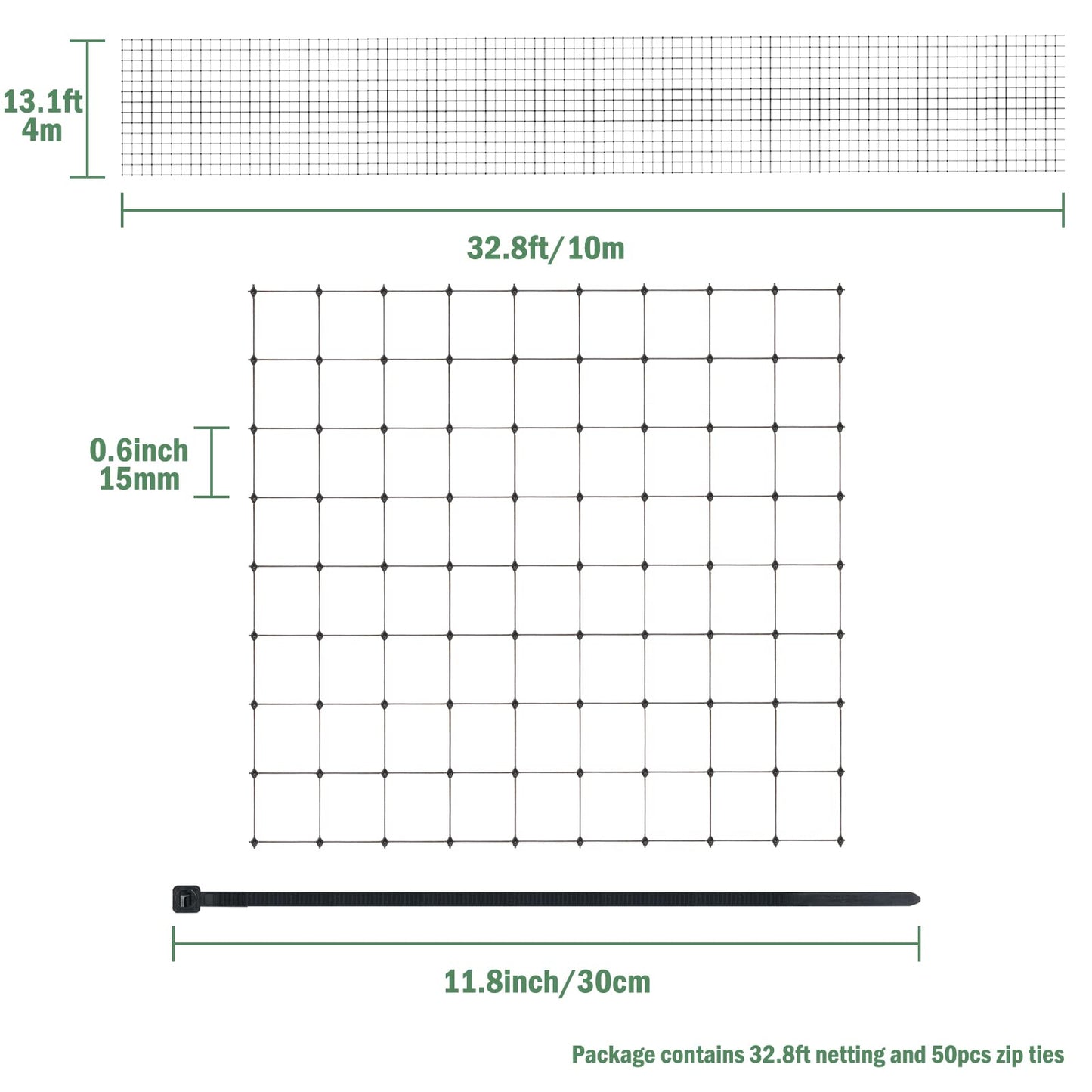 Garden Netting, 13.1 X 32.8ft Bird Netting, Reusable Garden Mesh Protect Plants Vegetables Fruits Flowers Ponds Against Bird Animals and Pests, with 50Pcs Cable Ties (4 * 10M)