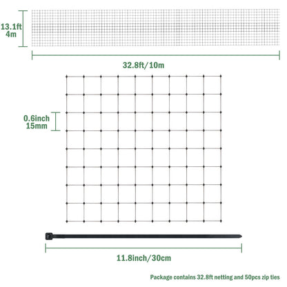 Garden Netting, 13.1 X 32.8ft Bird Netting, Reusable Garden Mesh Protect Plants Vegetables Fruits Flowers Ponds Against Bird Animals and Pests, with 50Pcs Cable Ties (4 * 10M)
