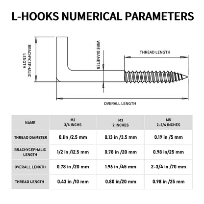 Soimuk 304 Stainless Steel 2 in L Shaped Screw-in Hooks, 50 Pcs, 7 Shapes, Right Angle Medal Hooks for Hanging