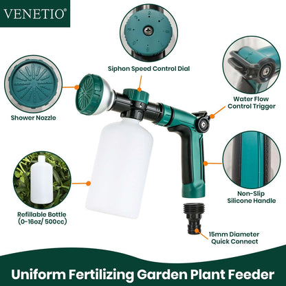 VENETIO 8-Dial Hose Attachment Spray Gun for Liquid Fertilizer/Soap | Precision Lawn & Garden Feeder for Uniform Fertilizing and Watering Plants | Hose-End Nozzle Sprayer with 500mL Bottle