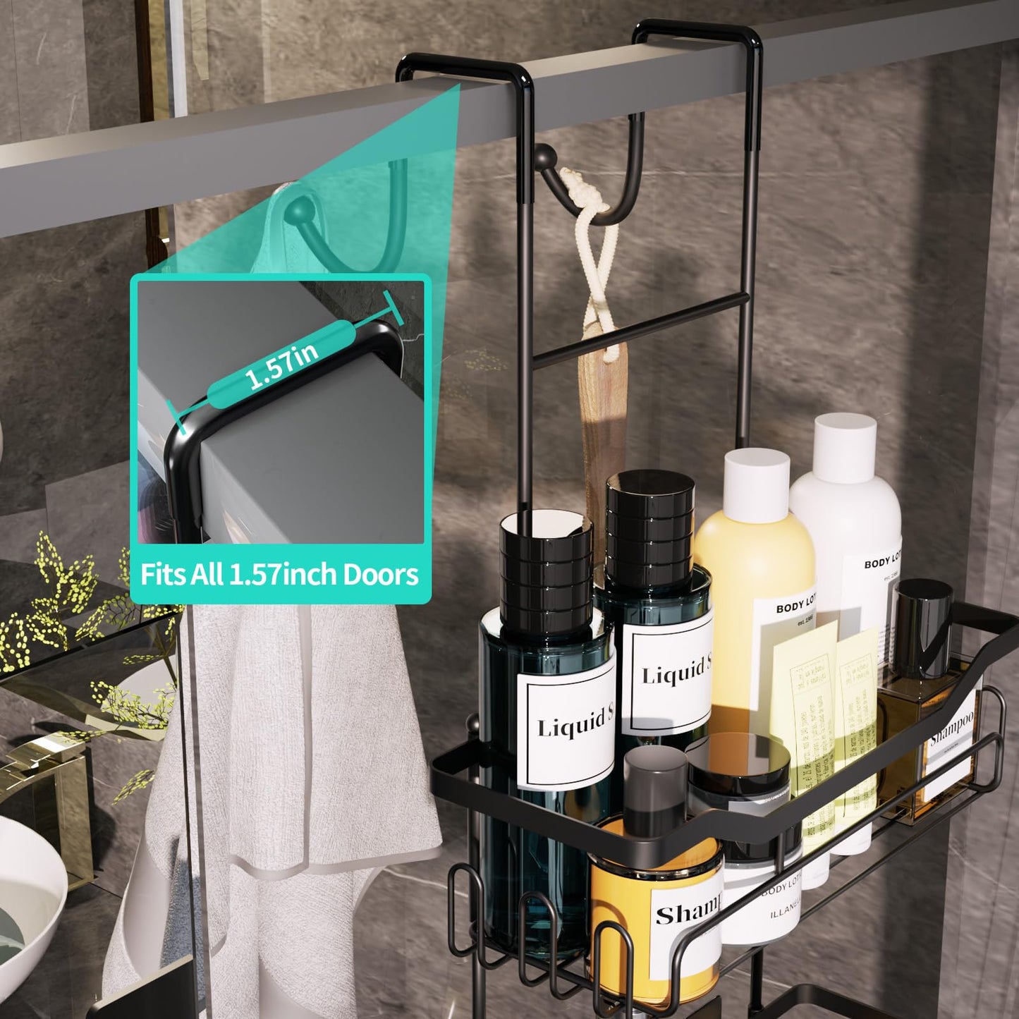 HapiRm Shower Caddy Hanging Over the Door, 2 Tier No Drilling Bathroom Shelf, Shower Shelf with Soap Holder, Waterproof Rust Resistant Bathroom Rack for Shampoo, Conditioner, Soap, Towel, Black