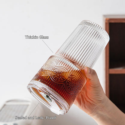 INSETLAN 20oz Ribbed & Floral Glass Tumblers with Lids and Glass Straws, Set of 2 – Iced Coffee Cups, Reusable Drinking Glasses for Water, Smoothies, Tea, and Juice – Perfect for Travel & Daily Use