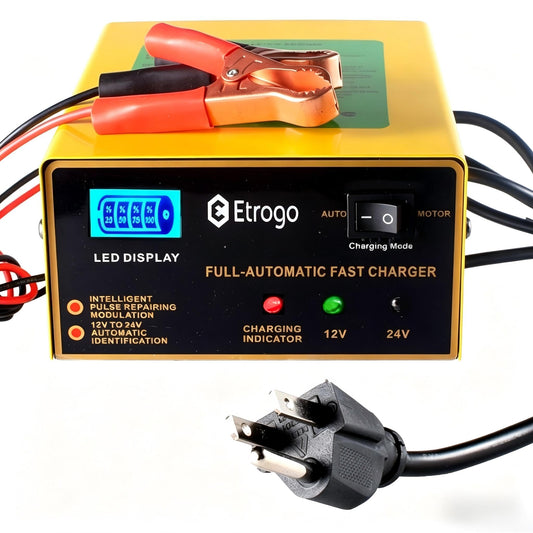 Etrogo Intelligent 12V 24V 10A Car Battery Charger Maintainer 250W Fully Automatic with Screen,Pulse Repair for Car Boat Motorcycle Lawn Mower Lead Acid Battery,Plug and Play