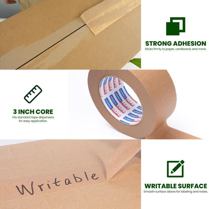 ADHES Kraft Paper Tape with Dispenser, 2 in x 55 yds x 3 Rolls – Eco Friendly Brown Packing Tape, Strong Adhesive, Easy Cut Tape Dispenser for Shipping, Moving & Packaging