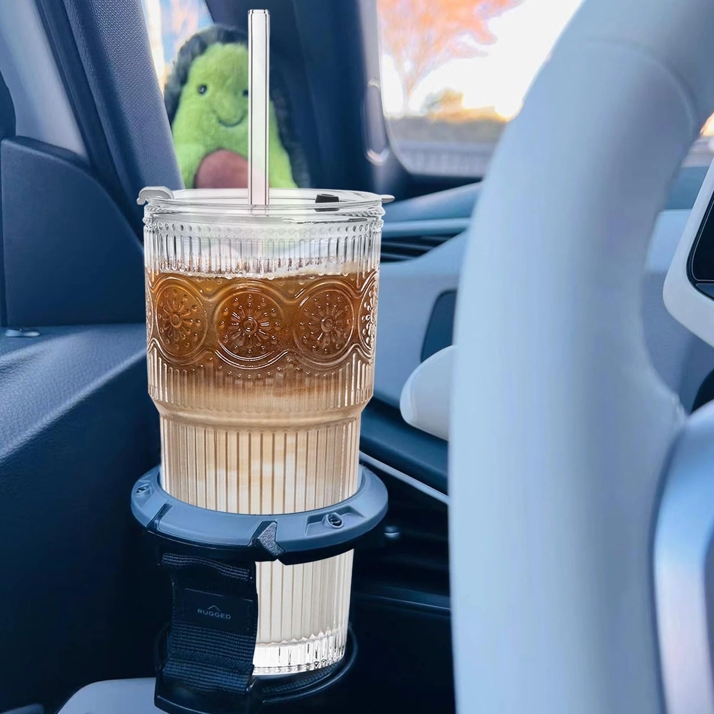 INSETLAN 20oz Ribbed & Floral Glass Tumblers with Lids and Glass Straws, Set of 2 – Iced Coffee Cups, Reusable Drinking Glasses for Water, Smoothies, Tea, and Juice – Perfect for Travel & Daily Use