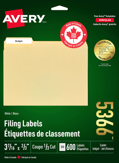 Avery Filing Labels with TrueBlock Technology for Laser and Inkjet Printers, 2/3" x 3-7/16", White, File Tabs Labels, Folder Labels, Rectangle, 600 Labels, Permanent (5366) Made in Canada