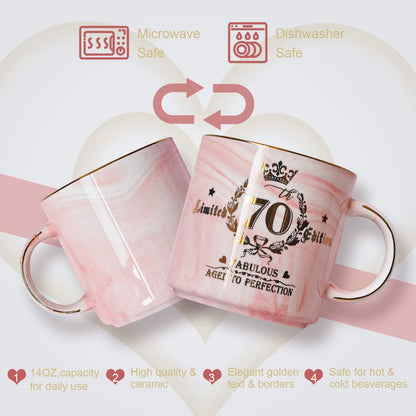 70th Birthday Gifts for Women - 14oz Pink Aged To Perfection Seventy Birthday Mug Printed with Gold - Happy Birthday Keepsake Presents for 70 Years Old Grandma Mom Sister, with Gift Box Lid Card Spoon