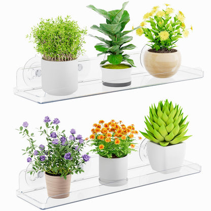 Lifewit Window Plant Floating Shelves 15 x 4 inch, 2 Pack Acrylic Suction Cup Shelf, Window Sill Extender for Indoor Succulent Plants, Micro Greens, Seed Starter Pots, Herb Planters