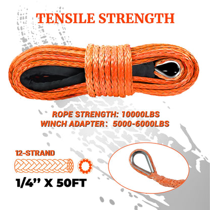 YUNPEAK 1/4 Inch x 50 Feet 10,000LBS Synthetic Winch Line，with Black Protecing Sleeve for Off Road Vehicle ATV UTV（Orange）.