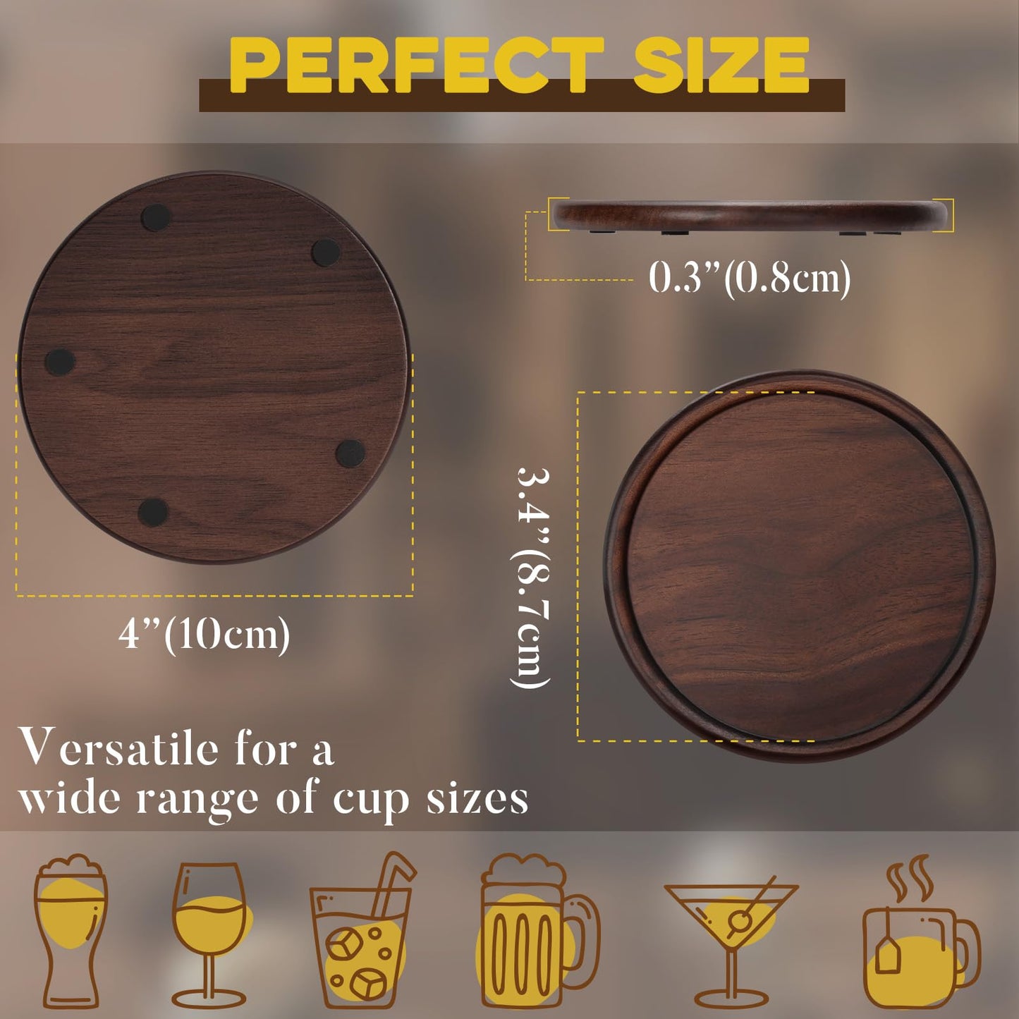 Wood Coasters with Metal Holder, GOH DODD Set of 8 Wooden Coaster Tabletop Protection Living Room Decor for Drinks Coffee Table Home Kitchen Office Bar Housewarming Gifts Wedding Party, 4 Inch