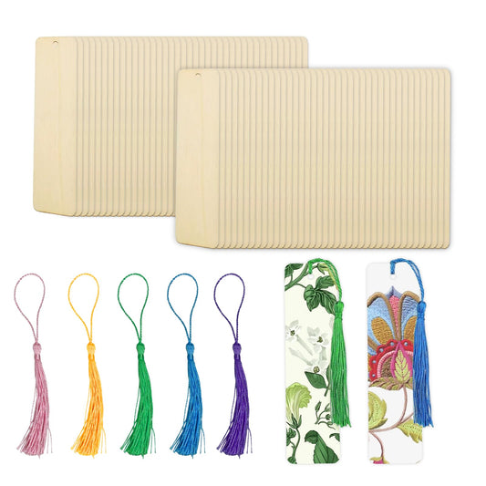 Bicuces 200 Pcs Bookmarks Wooden Bookmarks Blank Book Marks Bookmark Making Kit 100 Pcs Blank Unfinished Wood Book Marks and 100 Pcs Tassels, Wood Gift Tags for Reading, Christmas, Wedding, Birthday
