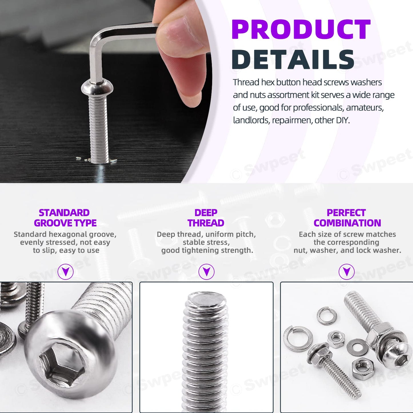 Swpeet 664Pcs M2 M3 M4 M5 M6 Metric 304 Stainless Steel Button Head Hex Socket Head Cap Bolts Screws Nuts and Hex Nuts with Flat Washers and Split Lock Washers Assortment Kit, Screws All Included