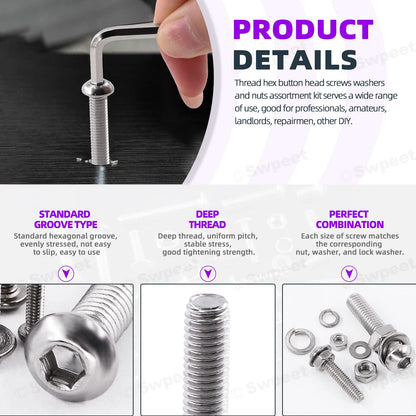 Swpeet 664Pcs M2 M3 M4 M5 M6 Metric 304 Stainless Steel Button Head Hex Socket Head Cap Bolts Screws Nuts and Hex Nuts with Flat Washers and Split Lock Washers Assortment Kit, Screws All Included