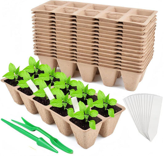 400 Cells Seed Starter Tray 40 Pack, Peat Pot Organic Biodegradable Seedling Pots Germination Trays with 100 Plant Labels for Vegetable Flower, Herbs, Indoor Outdoor Garden