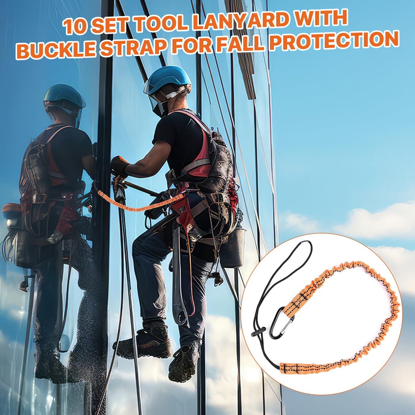 Supkiir 10 Pcs Tool Lanyard, Safety Tool Lanyard with Carabiner, Retractable Tool Lanyards with Adjustable Loop End, Fall Protection Shock Absorbing Cord (20 Lbs)
