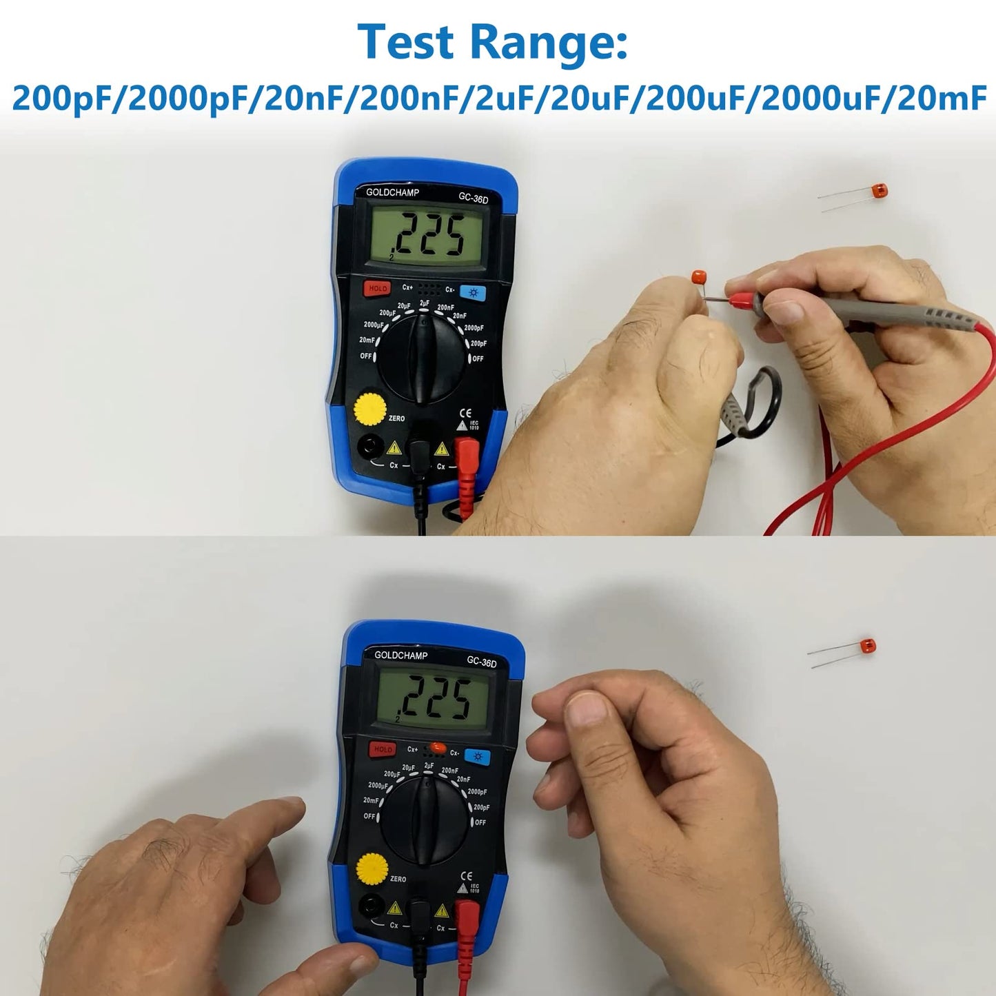 GOLDCHAMP Capacitance Meter Digital Multimeter 200pF-20mF Meter Capacitor Handheld Multimeter Tester with Multi Testers Manual Range Measure Tool, Back Light, Data Hold