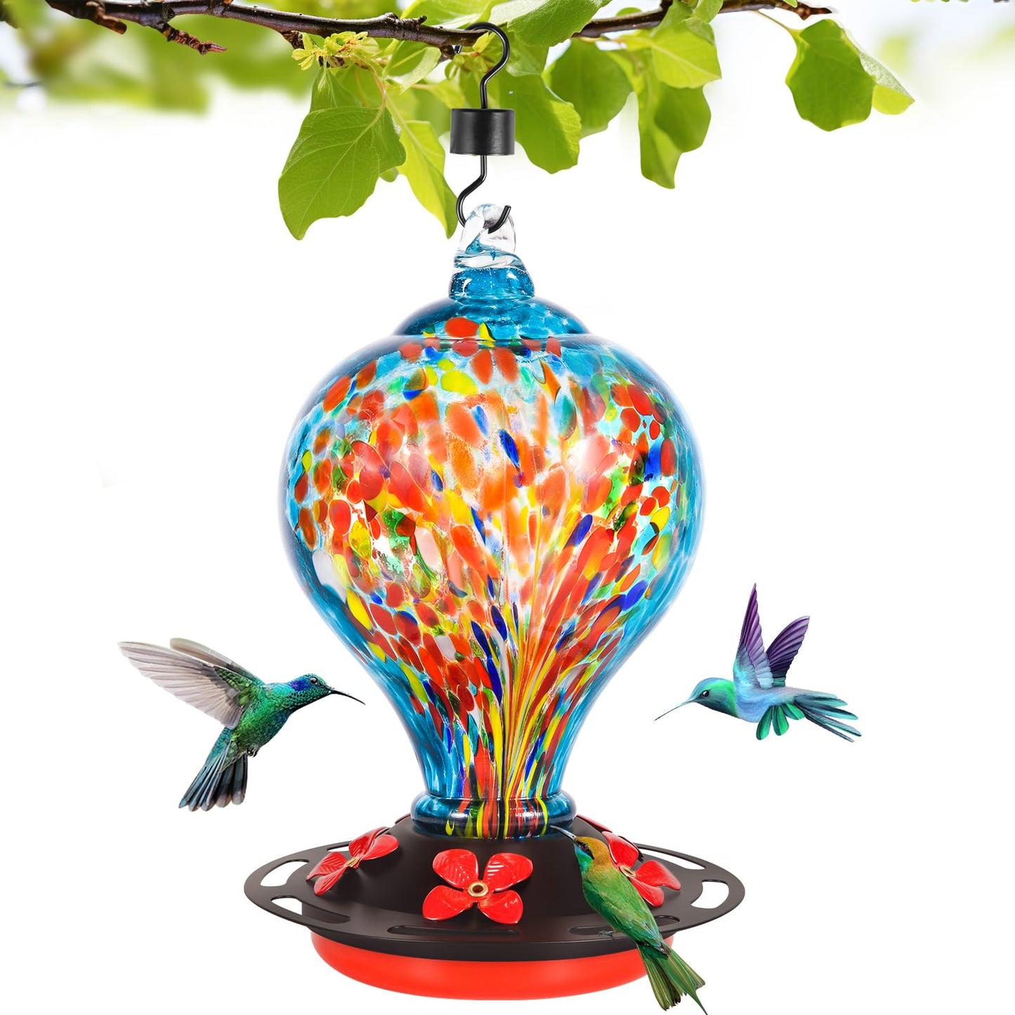 Qmioti Hummingbird Feeders, 32 Ounces Hand Blown Glass Bird Feeder for Outdoor Hanging, 5 Feeding Ports, Ant Moat Included, Bird Nectar Feeder for Garden Backyard Décor, Blue