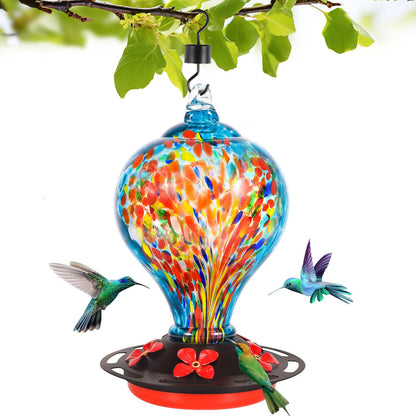 Qmioti Hummingbird Feeders, 32 Ounces Hand Blown Glass Bird Feeder for Outdoor Hanging, 5 Feeding Ports, Ant Moat Included, Bird Nectar Feeder for Garden Backyard Décor, Blue