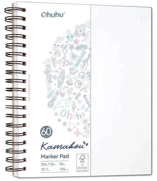 Ohuhu Double Sided Marker Pads Art Sketchbook Bleedproof - 7"x10" Large Paper Size - 90LB/150GSM Smooth Drawing Papers - 60 Sheets/120 Pages, Spiral Bound Sketching Book for Alcohol Markers
