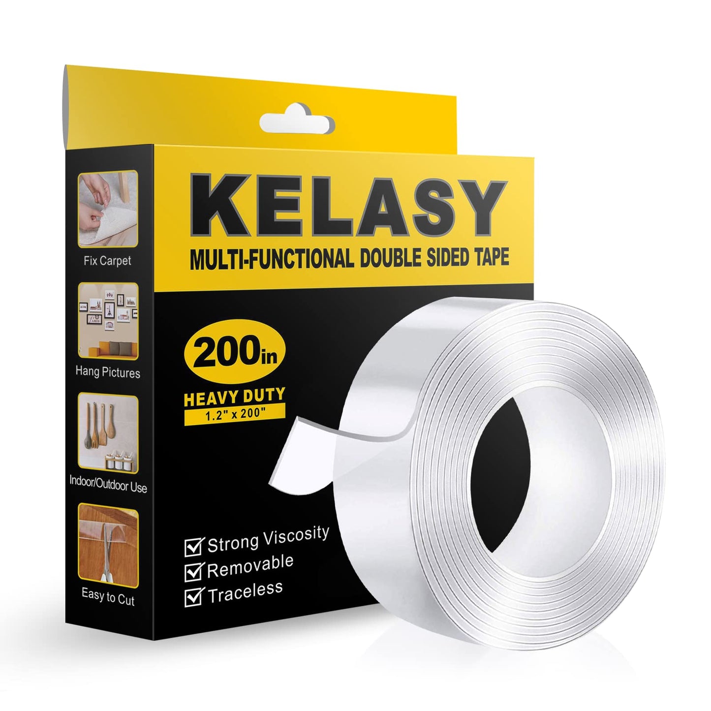 Double Sided Mounting Tape,1.2" x 200",Heavy Duty Removable Nano Adhesive Tape for Walls,Adhesive Strips Strong Sticky Gel Grip Tape,Transparent Poster Tape Wall Tape for Picture Carpet Decoration