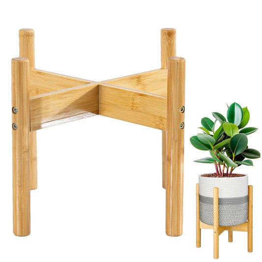 Sturdy Cross Plant Stands - Natural Finish, Oversized 12.59" Base, Adjustable 3.54"-7.48" Height, Flip Design, Reinforced Bamboo Braces Stand for Orchid, Potted Plants