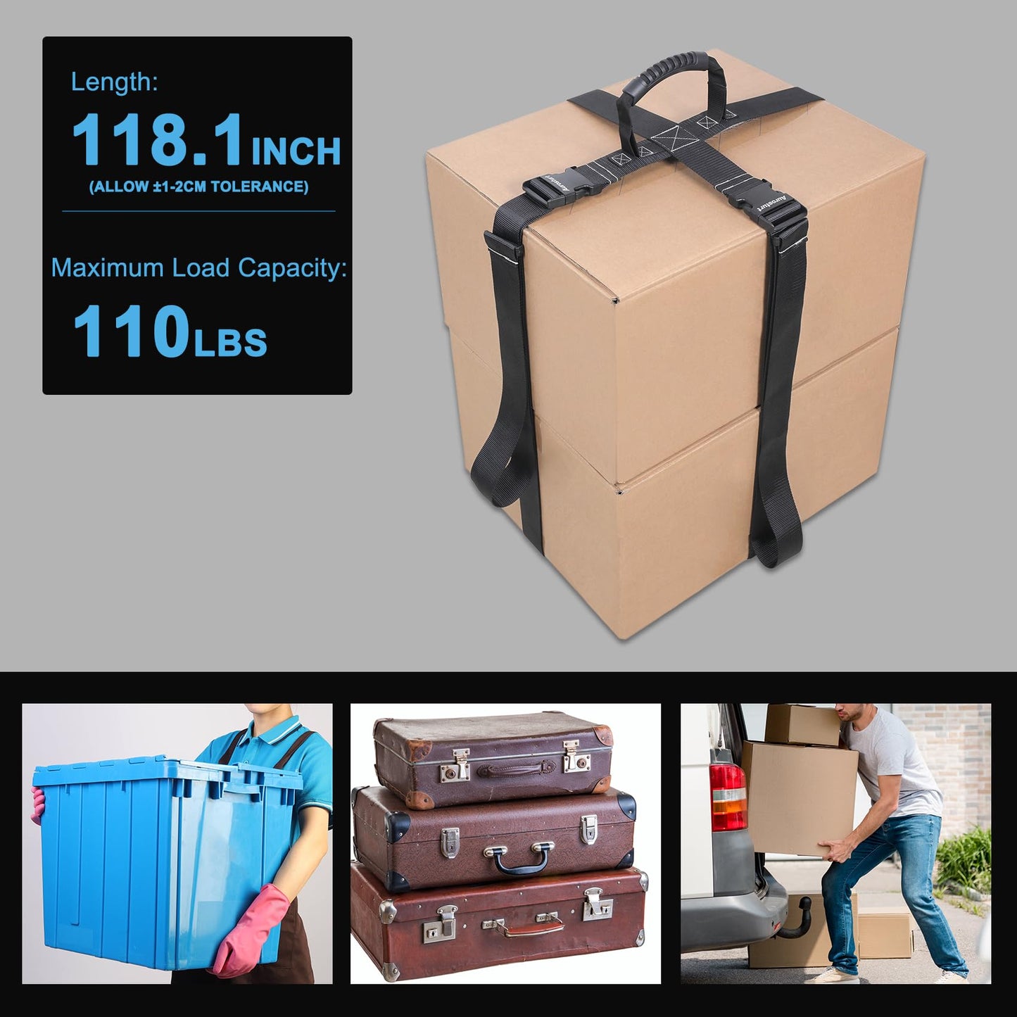Aurosturt Box Carrying Strap with Handle Adjustable Straps for Battery Box Handheld Belt Carry Straps for Safely Moving and Lifting Heavy Boxes (Black, 118.1 Inch-Plastic Buckle)