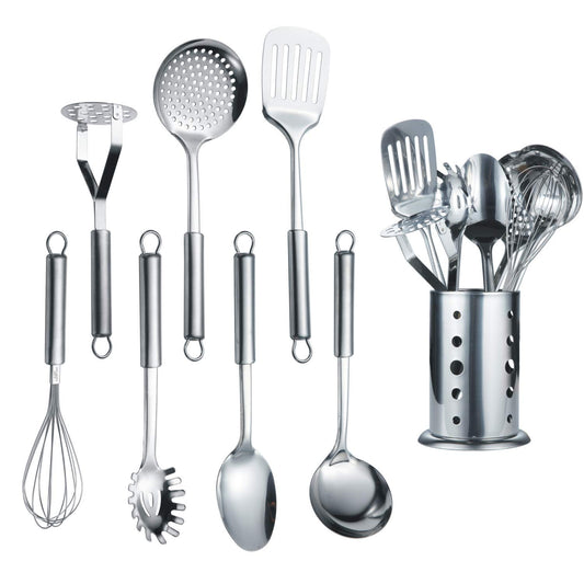Berglander Stainless Steel Kitchen Utensil 7 Piece with 1 Stand, Slotted Tuner, Ladle, Skimmer, Serving Spoon, Pasta Server,Potato Maseher, Egg Whisk. Kitchen Tool Set. Kitchenware with Holder.