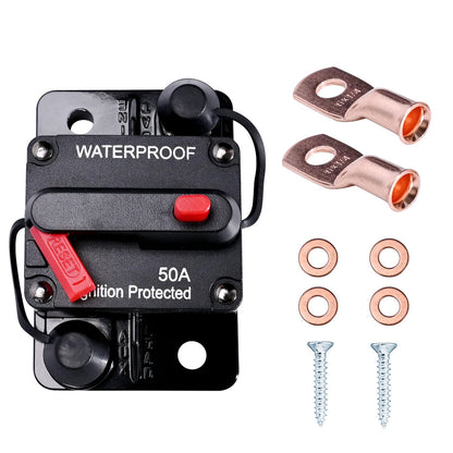 50 Amp Circuit Breaker with Manual Reset Wire Lugs Copper Washer and Screws for Boat Trolling Motor Marine ATV Trailer Vehicles 12V-48V DC Waterproof Audio System Fuse (50A)