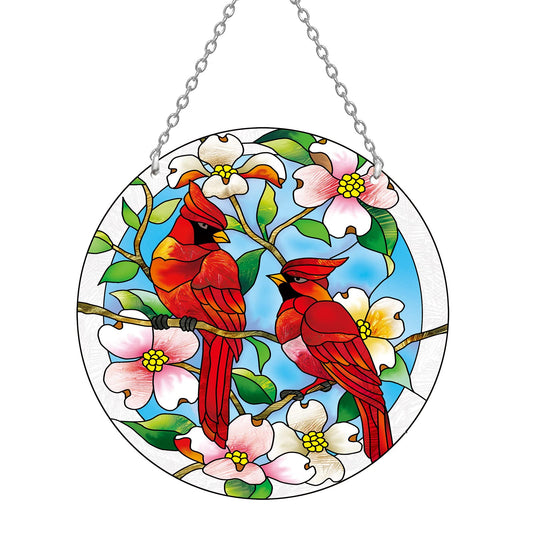 Cardinal Stained Glass Window Hanging - Cardinal Gifts for Women, Red Birds Suncatchers for Windows, American Glass Hanging Ornament, Hand Painted Glass for Birds Lover, Window
