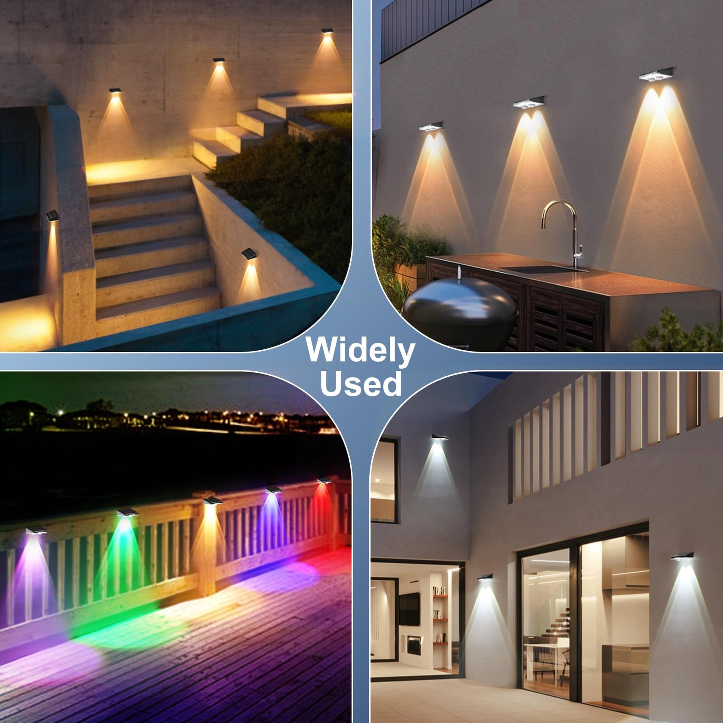 Quntis 4-Pack RGBCW Solar Fence Lights, 11 Color Modes Fence Lights Solar Powered, IP65 Waterproof Solar Deck Lights, Dusk to Dawn Solar Lights Outdoor for Garden Patio Yard Step Wall Porch Holiday