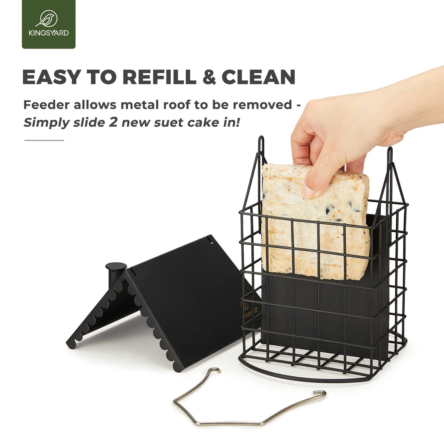 Kingsyard Cute Suet Feeder with Weatherproof Roof, All Metal, Two Suet Capacity, Outdoor Cage Bird Feeder for Wild Bird, w/Hanger, Black