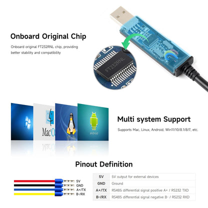 Waveshare USB to RS232/485 Serial Cable, Original FT232RNL Chip, Onboard Power and Signal Indicators, Multi-OS Compatible & Multi-Device Applicable