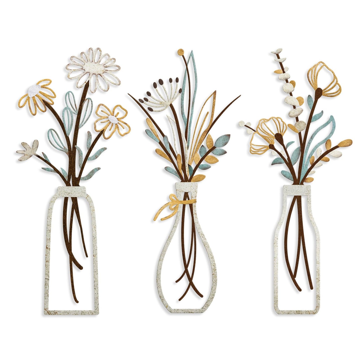 Pigort 3 Pieces Metal Flowers Wall Arts - Rustic Farmhouse Decor Beige Minimalist Flower Wall Decors for Living room Bathroom Bedroom Dining Room-Housewarming Gifts (Beige, Vase-C)