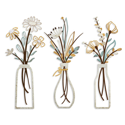 Pigort 3 Pieces Metal Flowers Wall Arts - Rustic Farmhouse Decor Beige Minimalist Flower Wall Decors for Living room Bathroom Bedroom Dining Room-Housewarming Gifts (Beige, Vase-C)