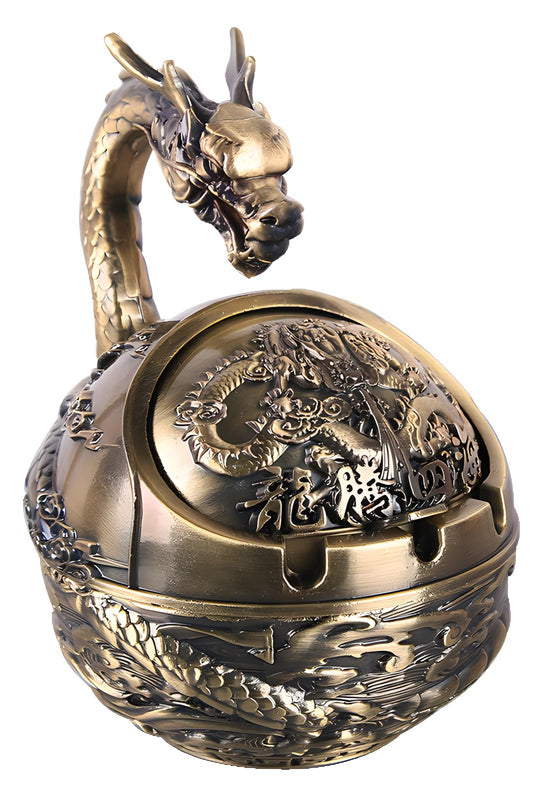 Stylitzy Vintage Ashtray with Lid for Cigarettes,Metal Windproof Smokeless Odorless Ash Tray Holder for Indoor Outdoor Decorative Hand-Carved Fancy Gift Ornament for Home Office (Bronze Dragon)