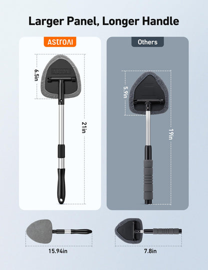 AstroAI Car Window Cleaner, Car Windshield Cleaning Tool with Telescopic and Extendable Handle, Inside with 4 Reusable and Washable Microfiber Pads, Auto Glass Wiper Kit, Grey-Triangle