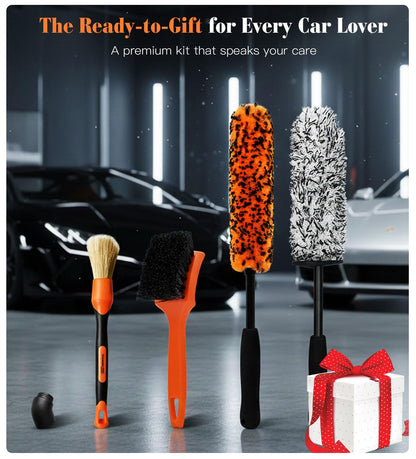 YeewayVeh Car Wheel Brush Kit, 4PCS Microfiber Wheel Cleaner Brush, Soft & Scratch-Free Detailing Brush and Tire Brush, Professional Wheel Cleaning Kit for Car Rim Fenders Engine Exhaust Tips, Orange
